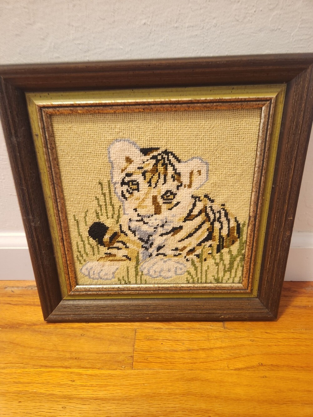 Framed Cross-Stitch Tiger Cub Artwork in Yellow and Brown - Picture 2 of 4